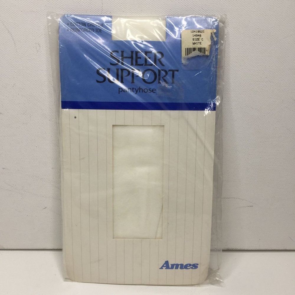 Ames Sheer Support Pantyhose White Size C Cotton Crotch Reinforced Toe Nylons
